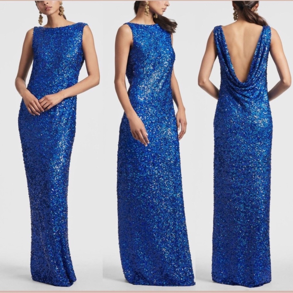 Sachin & Babi Mariah Embellished Sequin Boat Neck Draped Open Back Gown -Reemoly